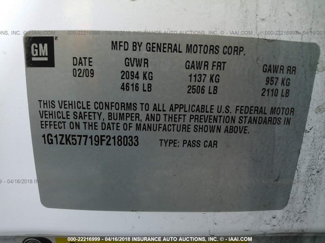 1G1ZK57719F218033 - 2009 CHEVROLET MALIBU LTZ 白色 照片 9