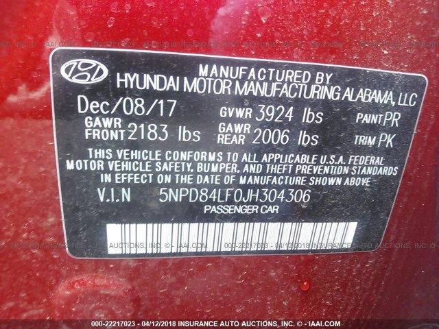 5NPD84LF0JH304306 - 2018 HYUNDAI ELANTRA SEL/VALUE/LIMITED RED photo 9