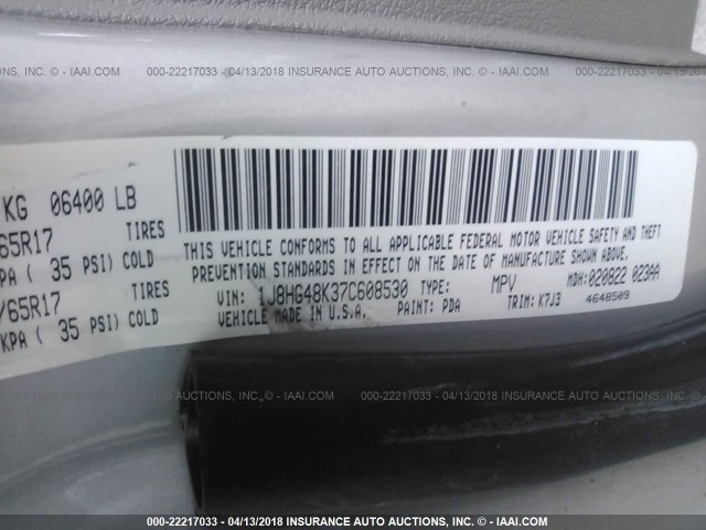 1J8HG48K37C608530 - 2007 JEEP COMMANDER SILVER photo 9