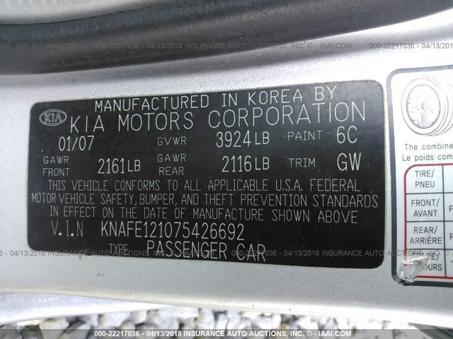 KNAFE121075426692 - 2007 KIA SPECTRA EX/LX SILVER photo 9