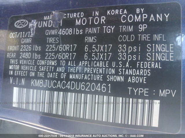 KM8JUCAC4DU620461 - 2013 HYUNDAI TUCSON GLS/LIMITED 紫色 照片 9