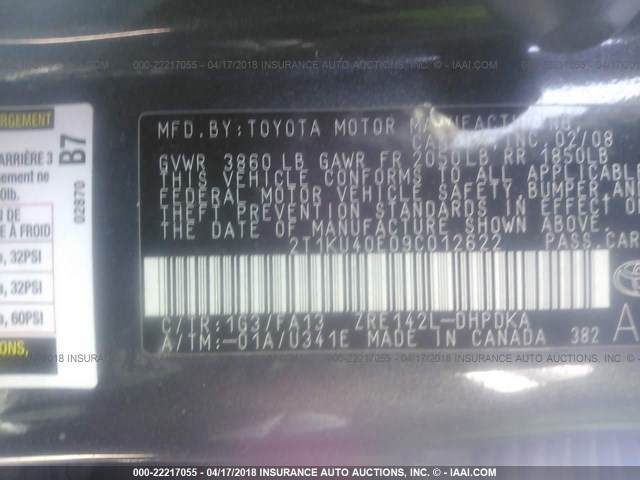 2T1KU40E09C012622 - 2009 TOYOTA COROLLA MATRIX  GRAY photo 9