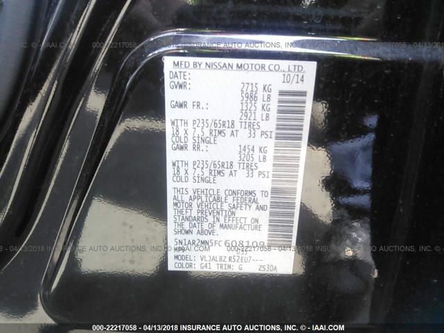 5N1AR2MN5FC608109 - 2015 NISSAN PATHFINDER S/SV/SL/PLATINUM 黑色 照片 9