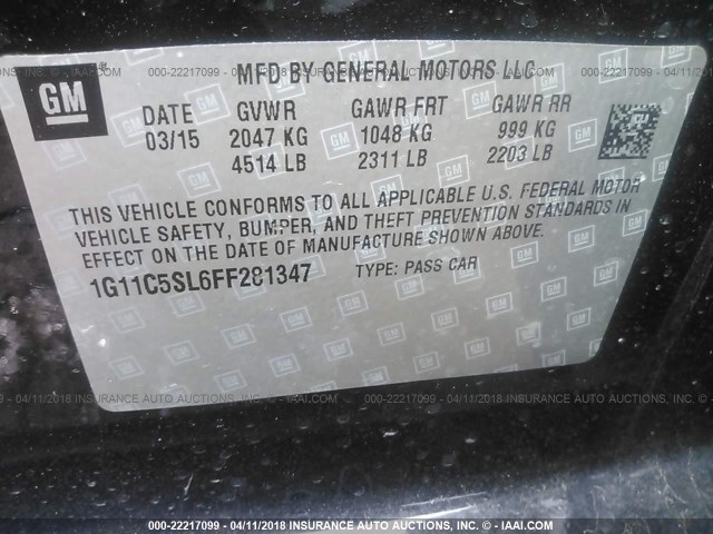 1G11C5SL6FF281347 - 2015 CHEVROLET MALIBU 1LT BLACK photo 9