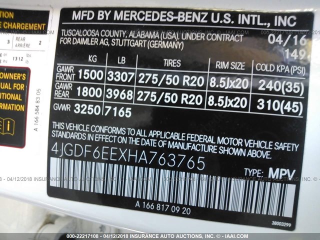 4JGDF6EEXHA763765 - 2017 MERCEDES-BENZ GLS 450 4MATIC WHITE photo 9