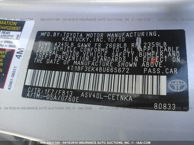 4T1BF3EK4BU665672 - 2011 TOYOTA CAMRY SE/LE/XLE 银色 照片 9