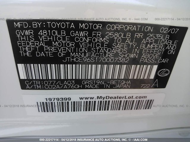 JTHCE96S170007382 - 2007 LEXUS GS 350 WHITE photo 9