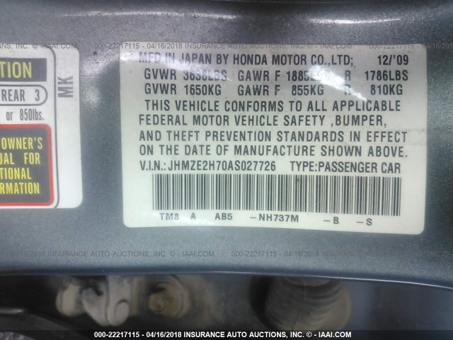 JHMZE2H70AS027726 - 2010 HONDA INSIGHT EX GRAY photo 9