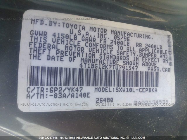 4T1BG12K7TU791547 - 1996 TOYOTA CAMRY DX/LE/XLE GREEN photo 9