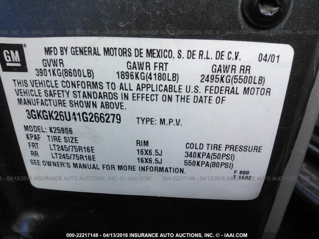 3GKGK26U41G266279 - 2001 GMC YUKON XL K2500 GRAY photo 9