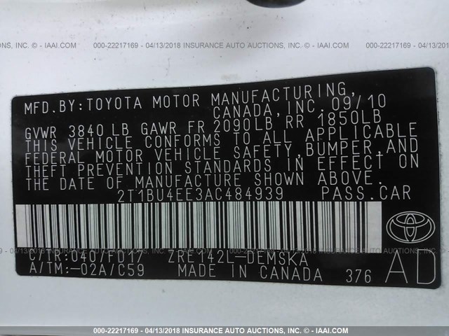 2T1BU4EE3AC484939 - 2010 TOYOTA COROLLA S/LE/XLE WHITE photo 9