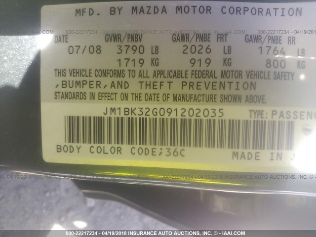 JM1BK32G091202035 - 2009 MAZDA 3 I GRAY photo 9