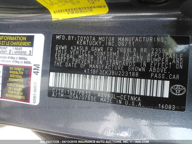 4T1BF3EK3BU223188 - 2011 TOYOTA CAMRY SE/LE/XLE GRAY photo 9