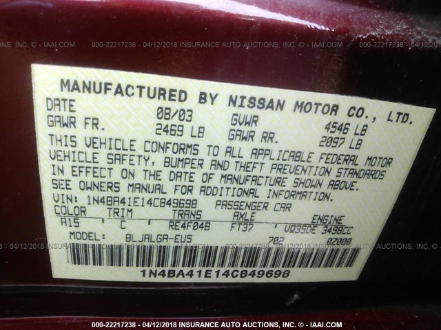 1N4BA41E14C849698 - 2004 NISSAN MAXIMA SE/SL RED photo 9