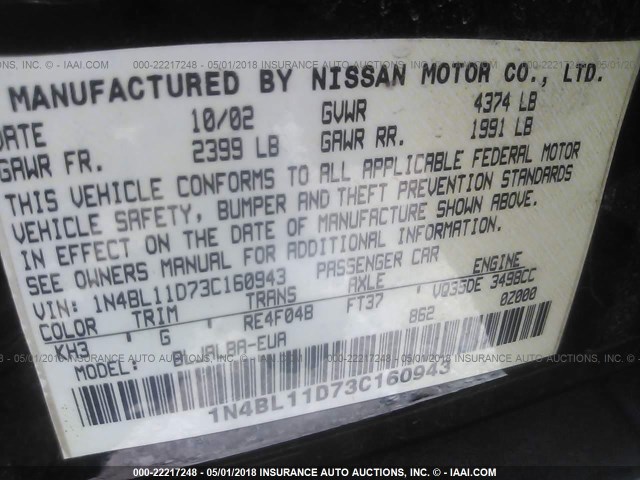 1N4BL11D73C160943 - 2003 NISSAN ALTIMA SE BLACK photo 9