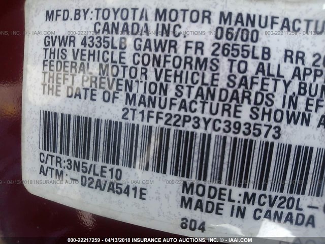 2T1FF22P3YC393573 - 2000 TOYOTA CAMRY SOLARA SE/SLE წითელი ფოტო 9