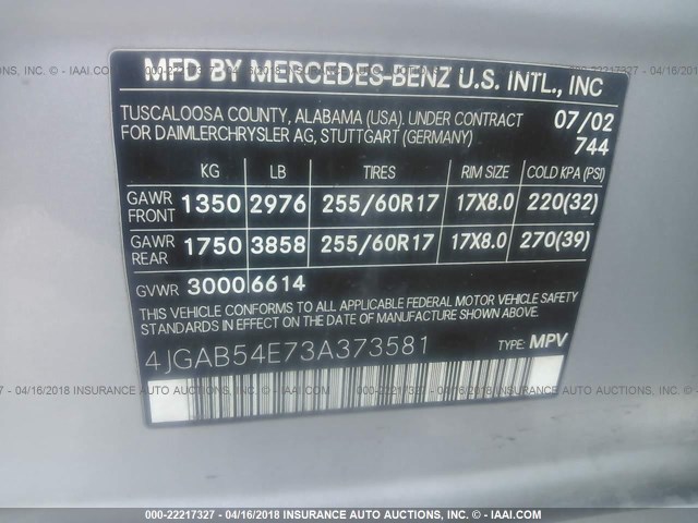 4JGAB54E73A373581 - 2003 MERCEDES-BENZ ML 320 SILVER photo 9