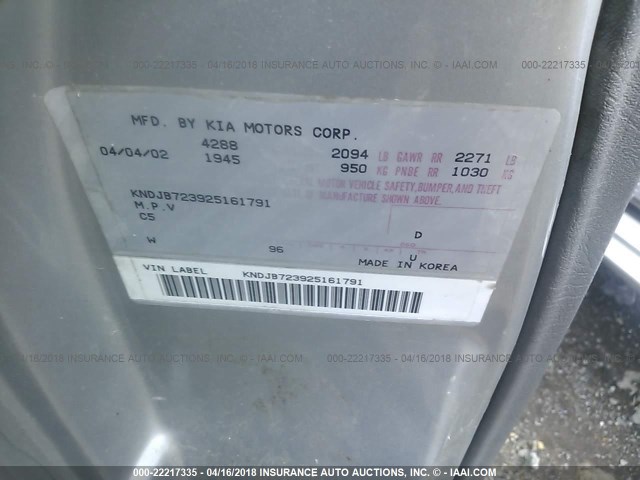 KNDJB723925161791 - 2002 KIA SPORTAGE SILVER photo 9