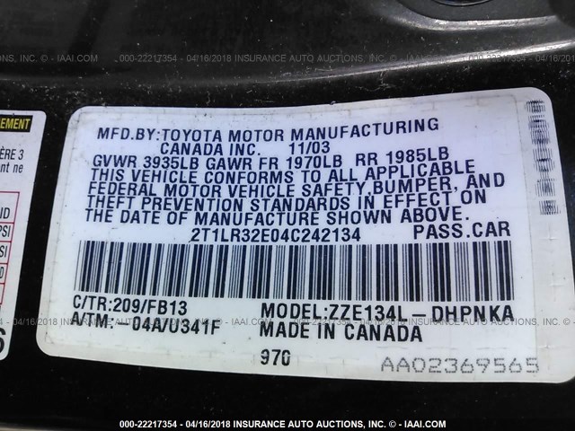 2T1LR32E04C242134 - 2004 TOYOTA COROLLA MATRIX XR BLACK photo 9