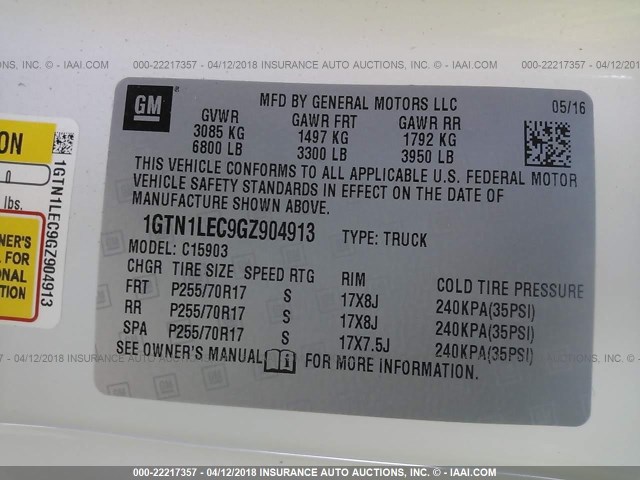 1GTN1LEC9GZ904913 - 2016 GMC SIERRA C1500 WHITE photo 9