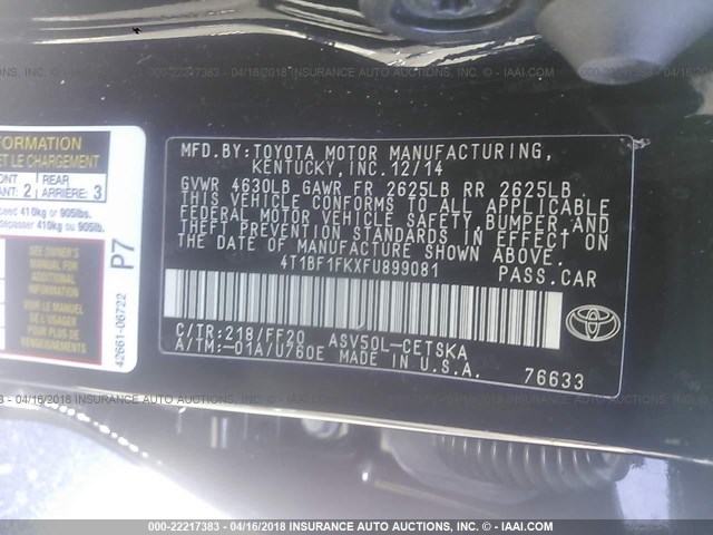 4T1BF1FKXFU899081 - 2015 TOYOTA CAMRY LE/XLE/SE/XSE 黑色 照片 9