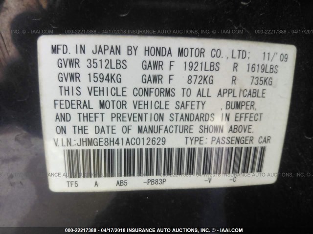 JHMGE8H41AC012629 - 2010 HONDA FIT SPORT PURPLE photo 9