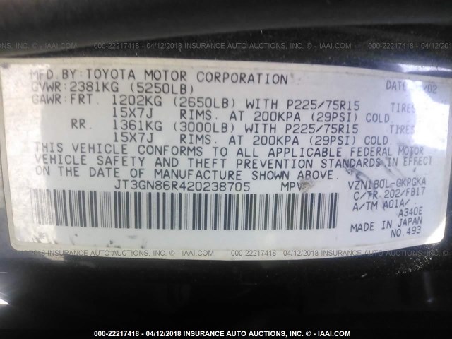 JT3GN86R420238705 - 2002 TOYOTA 4RUNNER SR5 BLACK photo 9