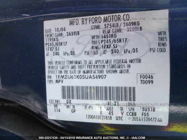 1FMZU63K05UA54907 - 2005 FORD EXPLORER XLT/XLT SPORT/NBX 蓝色 照片 9