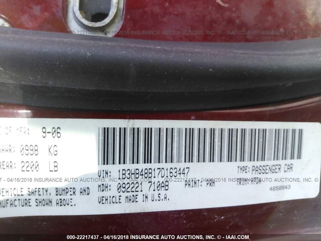 1B3HB48B17D163447 - 2007 DODGE CALIBER SXT RED photo 9