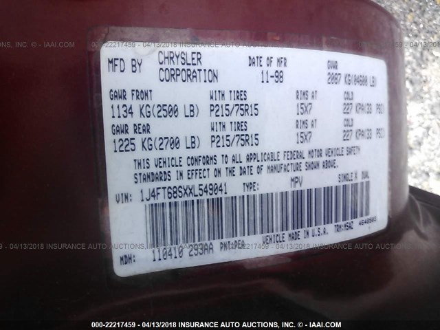 1J4FT68SXXL549041 - 1999 JEEP CHEROKEE SPORT/CLASSIC მუქწითელი ფოტო 9