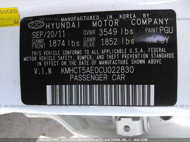 KMHCT5AE0CU022830 - 2012 HYUNDAI ACCENT GLS/GS WHITE photo 9