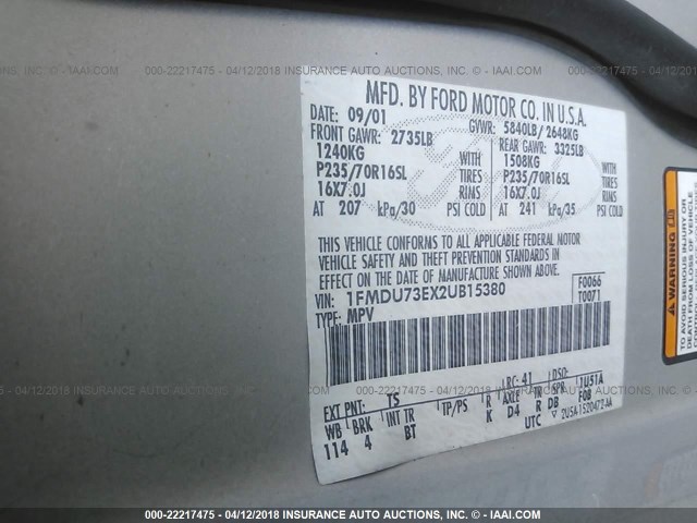 1FMDU73EX2UB15380 - 2002 FORD EXPLORER XLT SILVER photo 9