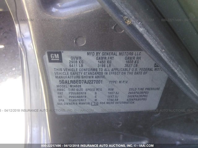 5GALRBED7AJ227001 - 2010 BUICK ENCLAVE CXL ყავისფერი ფოტო 9