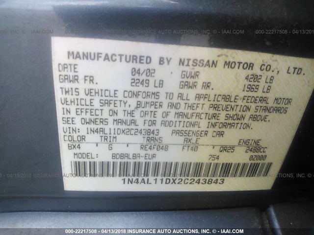 1N4AL11DX2C243843 - 2002 NISSAN ALTIMA S/SL BLUE photo 9