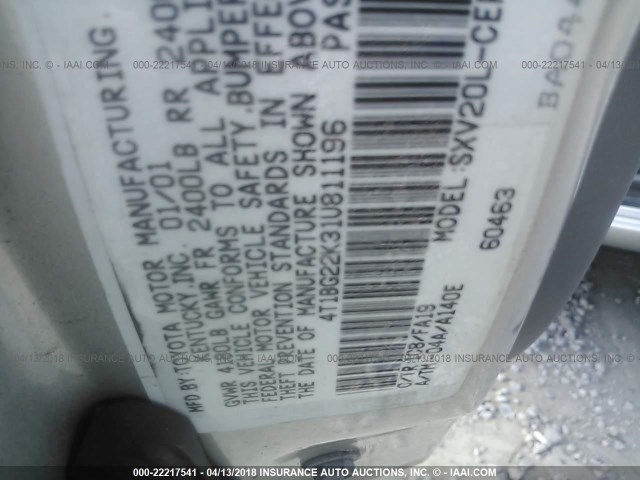 4T1BG22K31U811196 - 2001 TOYOTA CAMRY CE/LE/XLE 银色 照片 9