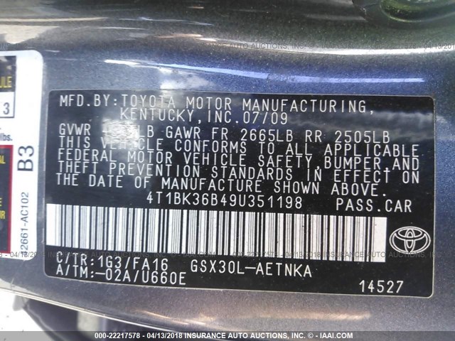 4T1BK36B49U351198 - 2009 TOYOTA AVALON XL/XLS/LIMITED GRAY photo 9