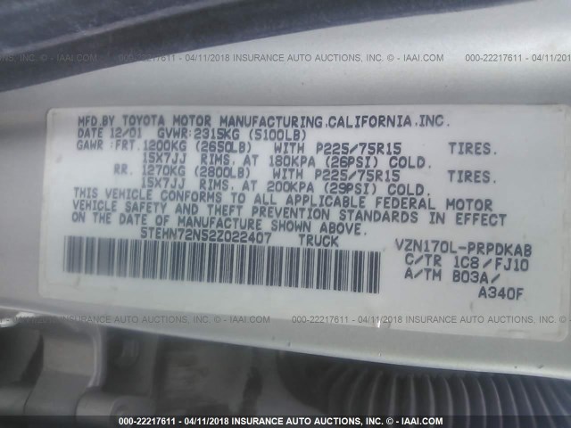 5TEHN72N52Z022407 - 2002 TOYOTA TACOMA DOUBLE CAB ვერცხლისფერი ფოტო 9