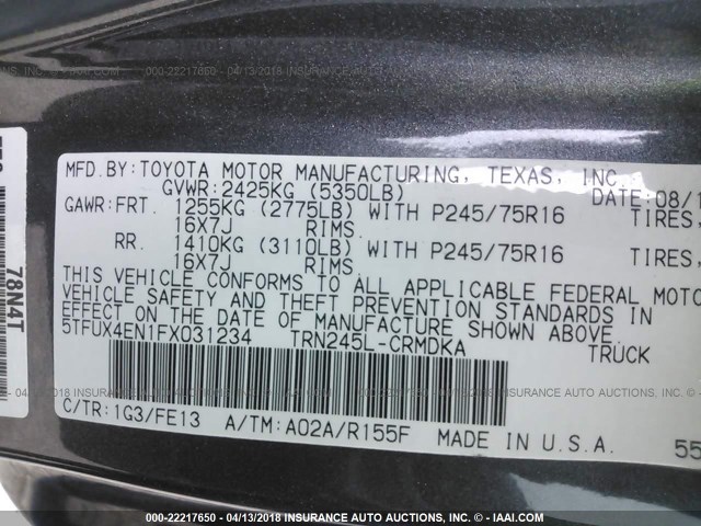 5TFUX4EN1FX031234 - 2015 TOYOTA TACOMA ACCESS CAB Grau Foto 9