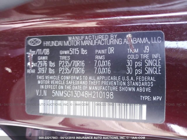 5NMSG13D48H210198 - 2008 HYUNDAI SANTA FE GLS MAROON photo 9