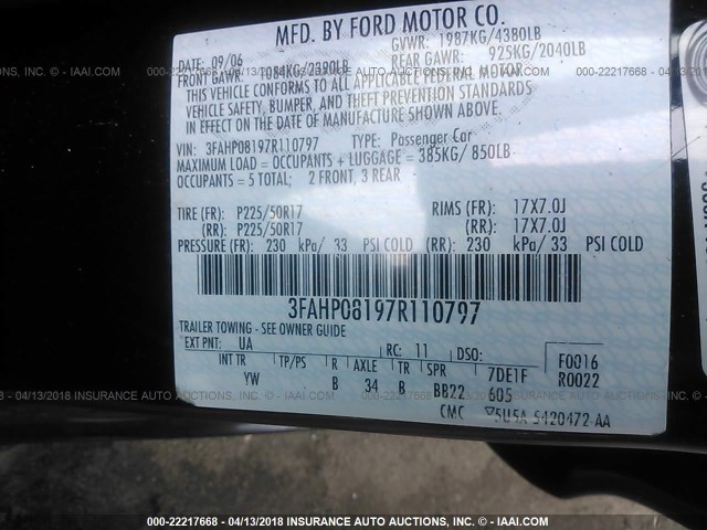 3FAHP08197R110797 - 2007 FORD FUSION SEL BLACK photo 9