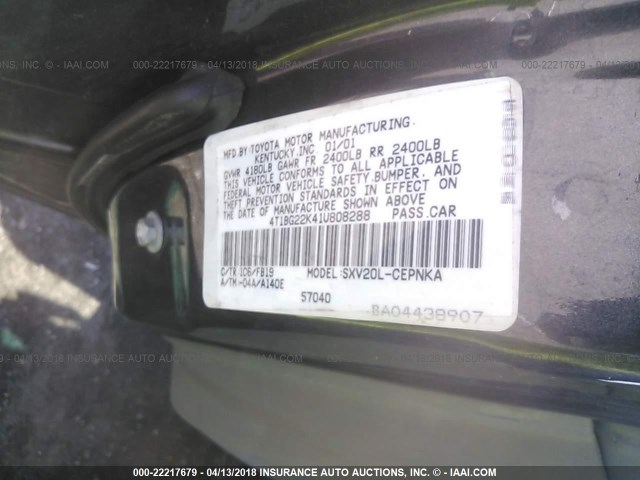4T1BG22K41U808288 - 2001 TOYOTA CAMRY CE/LE/XLE 深蓝色 照片 9