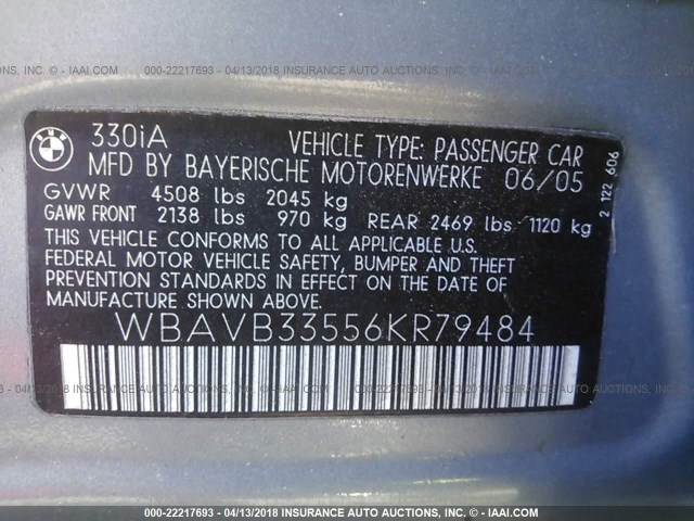 WBAVB33556KR79484 - 2006 BMW 330 I Light Blue photo 9