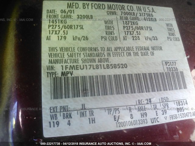 1FMEU17L81LB58520 - 2001 FORD EXPEDITION EDDIE BAUER BURGUNDY photo 9