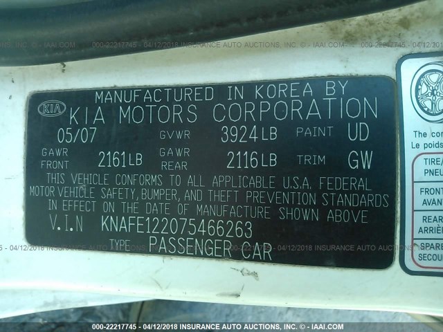 KNAFE122075466263 - 2007 KIA SPECTRA EX/LX WHITE photo 9