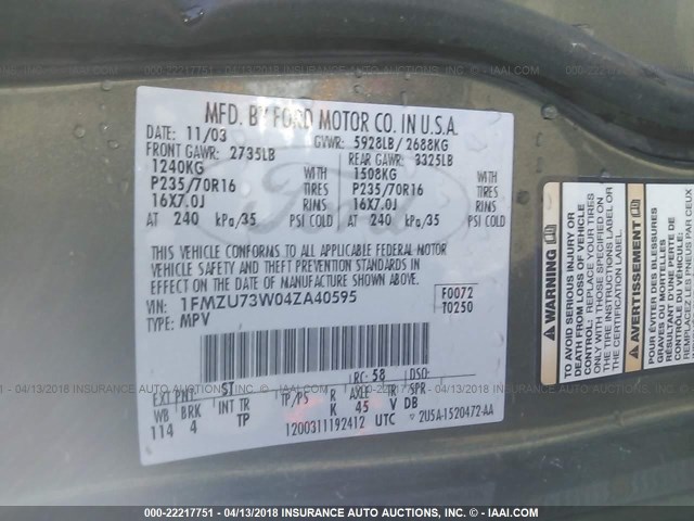 1FMZU73W04ZA40595 - 2004 FORD EXPLORER XLT/XLT SPORT/NBX GREEN photo 9