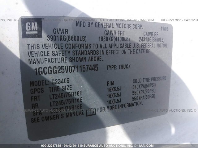 1GCGG25V071157445 - 2007 CHEVROLET EXPRESS G2500  WHITE photo 9