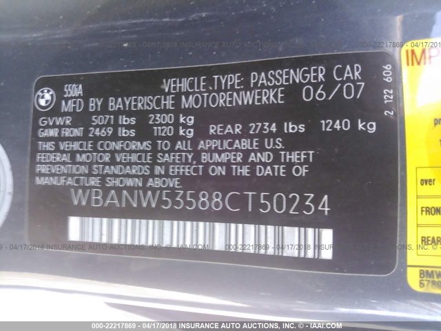 WBANW53588CT50234 - 2008 BMW 550 I GRAY photo 9