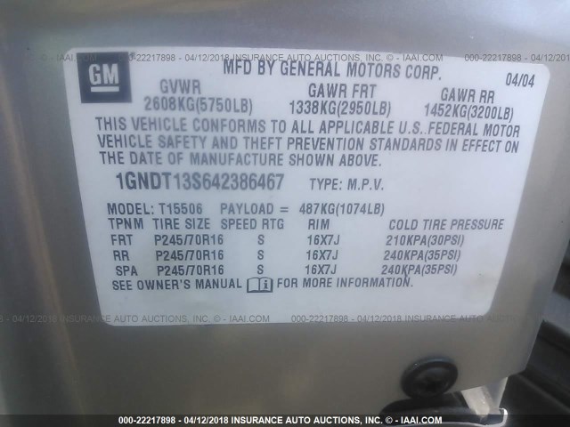 1GNDT13S642386467 - 2004 CHEVROLET TRAILBLAZER LS/LT SILVER photo 9