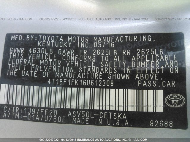 4T1BF1FK1GU612308 - 2016 TOYOTA CAMRY LE/XLE/SE/XSE 银色 照片 9