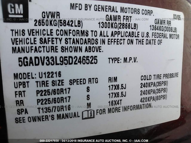 5GADV33L95D246525 - 2005 BUICK TERRAZA CXL MAROON photo 9